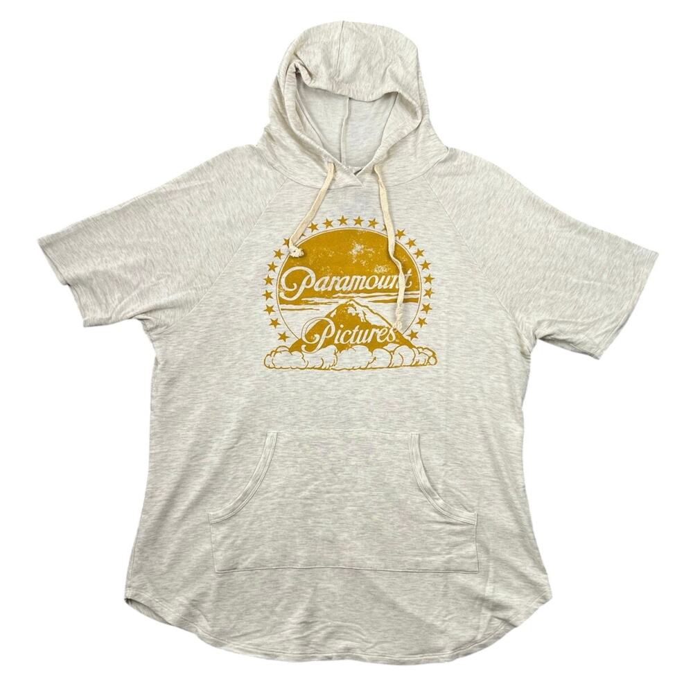 NWT Paramount Pictures Oatmeal Heather Short Sleeve Hoodie Graphic Logo Tee - L